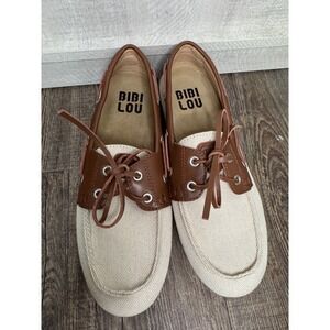 Bibi Lou Womens Woven Canvas Leather Boat Shoes Loafers Cream Brown Size 39